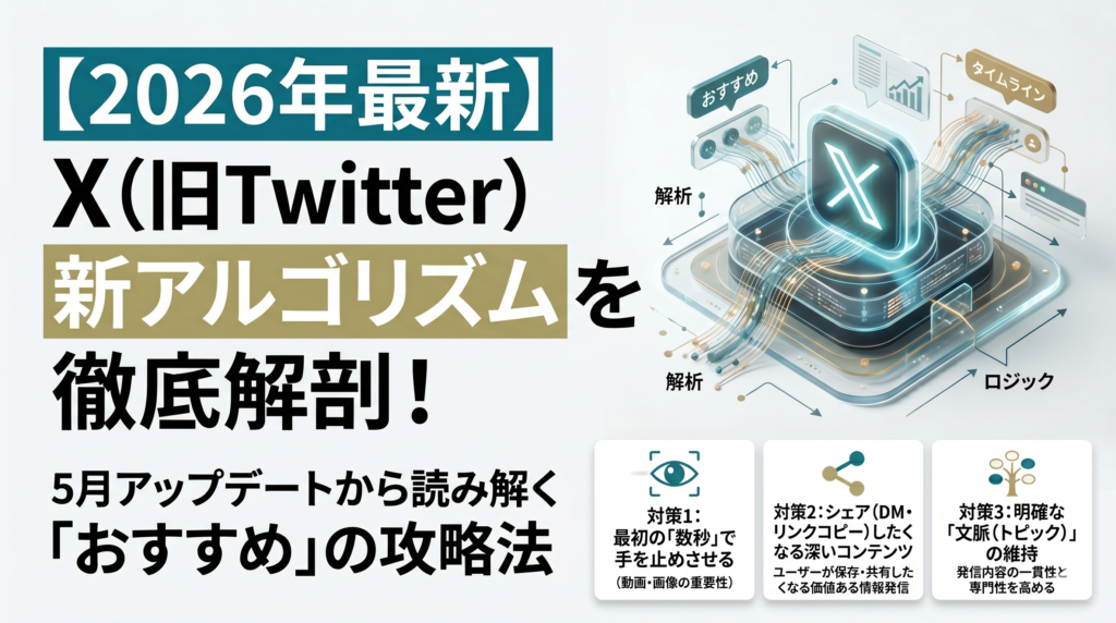 記事「【2026年最新】X（旧Twitter）新アルゴリズムを徹底解剖！5月アップデートから読み解く「おすすめ」の攻略法」のサムネイル画像