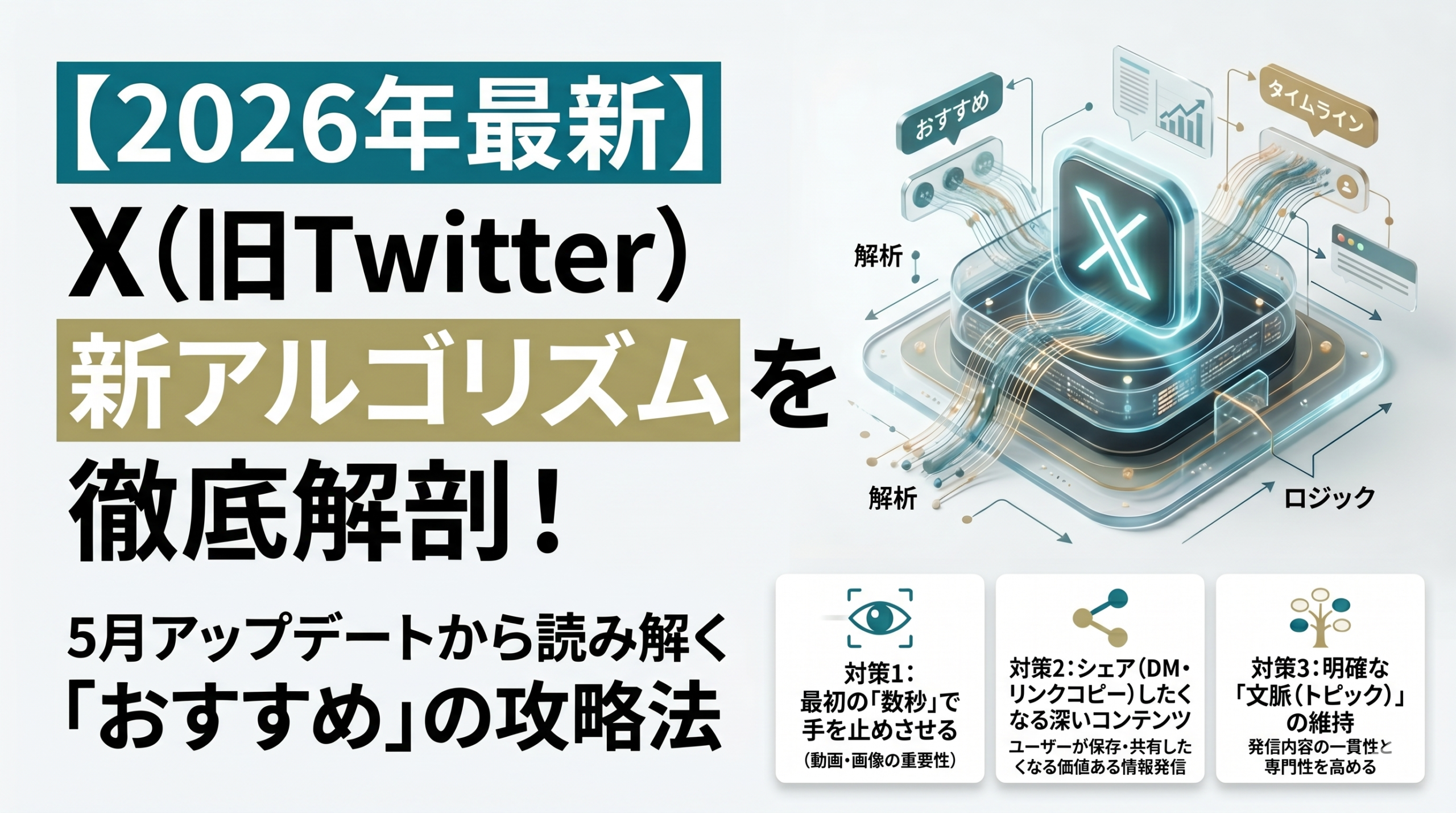 記事「【2026年最新】X（旧Twitter）新アルゴリズムを徹底解剖！5月アップデートから読み解く「おすすめ」の攻略法」のサムネイル画像