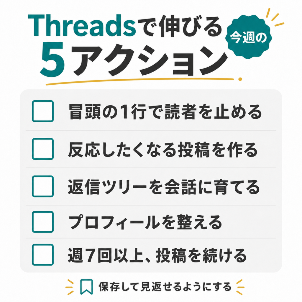 Threadsでのびる5アクション
□ 冒頭の1行で読者を止める
□ 反応したくなる投稿を作る
□ 返信ツリーを会話に育てる
□ プロフィールを整える
□ 週7回以上、投稿を続ける
